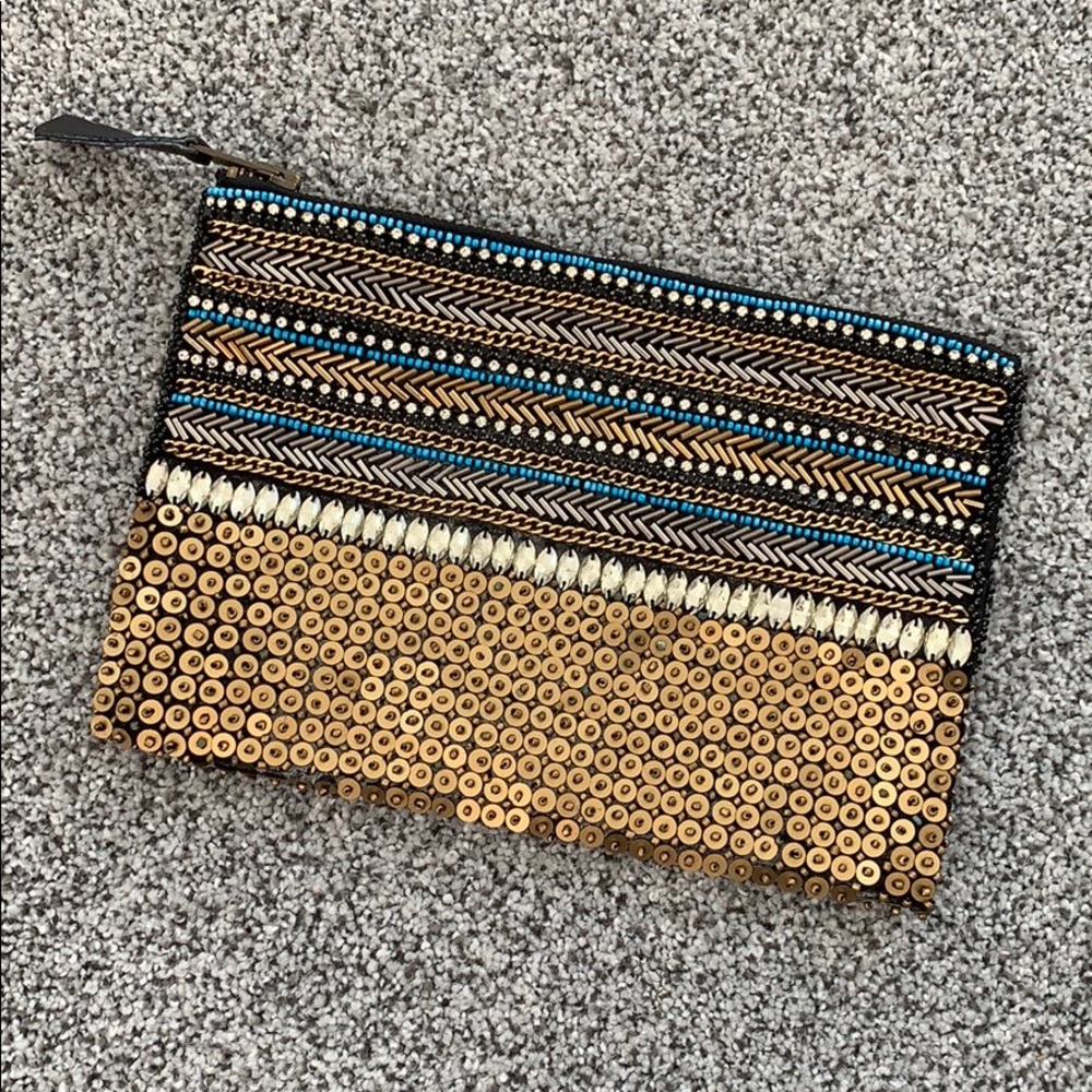 NWT beaded clutch purse gold, black, & blue w/ zip